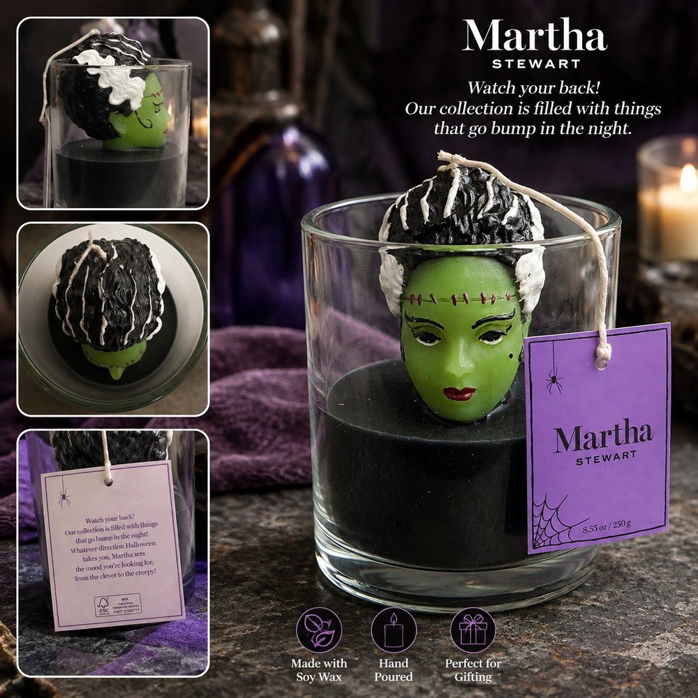 Martha Stewart Halloween Bride of Frankenstein Soy Wax Candle 8.83oz Black Green
